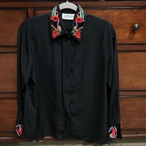 Black Embroidered Long-Sleeved Yves St. Clair Button Down Blouse